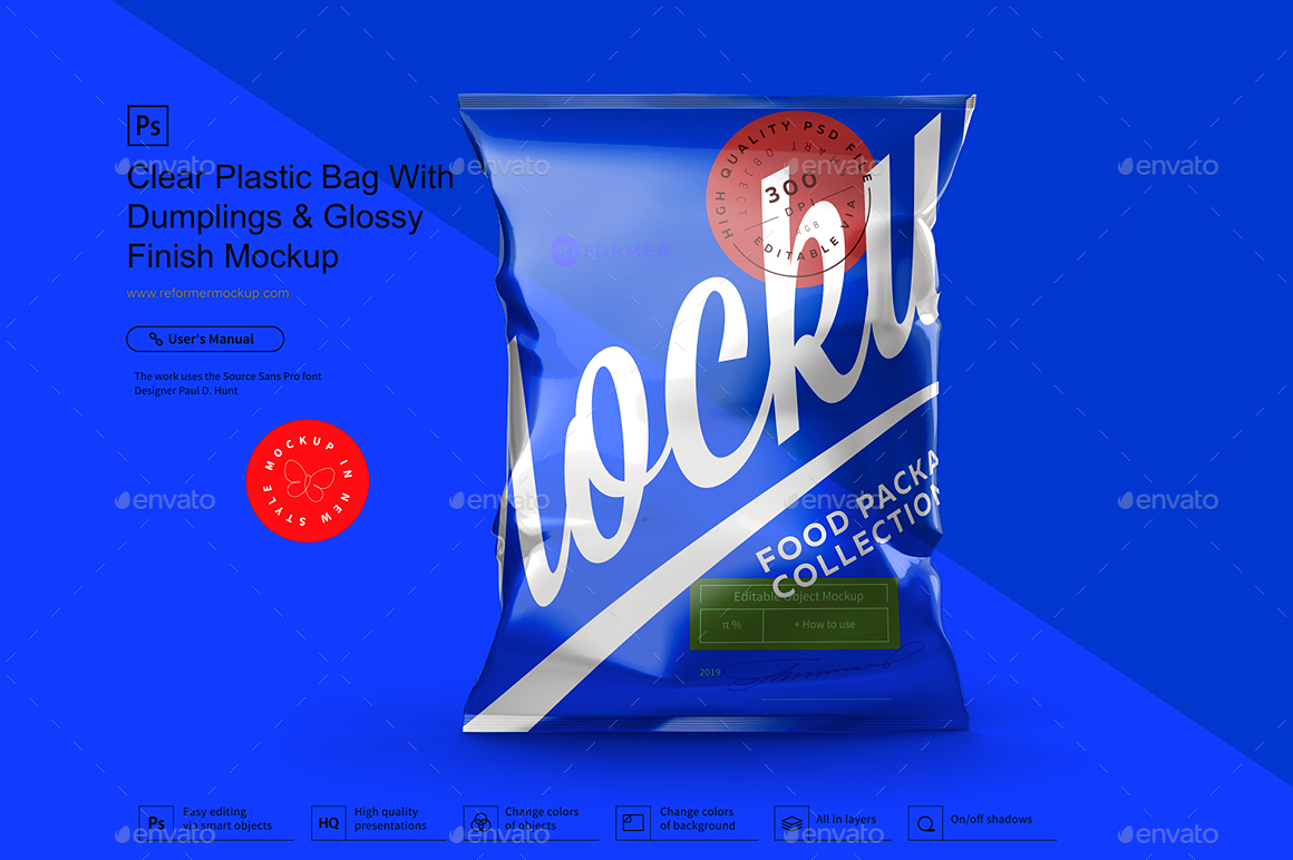 Clear Plastic Bag With Dumplings & Glossy Finish Mockup, Graphics